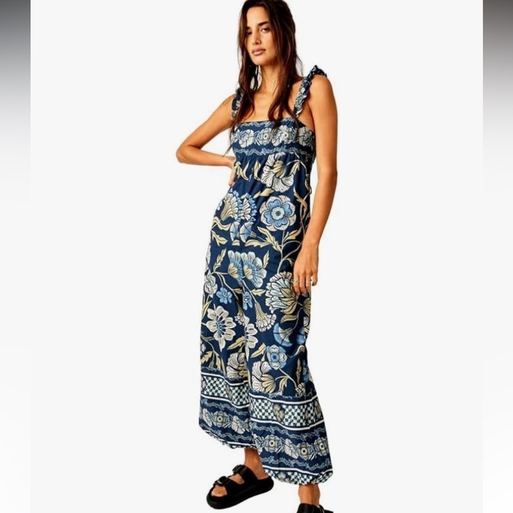 NWT Free People Floral Jumpsuit in Blue and White